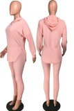 Pink Casual Solid Patchwork Asymmetrical Hooded Collar Long Sleeve Two Pieces
