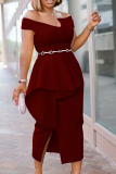 Burgundy Party Solid Patchwork Off the Shoulder Irregular Dress Dresses (without Belt)