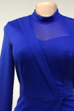 Blue Casual Zipper See-through Asymmetrical Mesh O Neck A Line Dresses