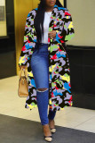 Blue Casual Print Patchwork Buttons Turn-back Collar Plus Size Overcoat