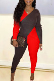 Coffee Casual Elegant Solid Patchwork Asymmetrical V Neck Long Sleeve Two Pieces