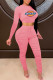 Pink Fashion Sexy Print Patchwork O Neck Long Sleeve Two Pieces