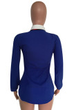 Blue Casual Solid Split Joint With Bow Turndown Collar Tops