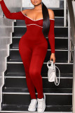 Red Sexy Solid Patchwork Frenulum Backless Off the Shoulder Skinny Jumpsuits
