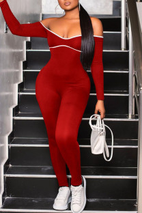 Red Sexy Solid Split Joint Frenulum Backless Off the Shoulder Skinny Jumpsuits
