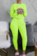 Fluorescent Green Fashion Sexy Print Patchwork O Neck Long Sleeve Two Pieces