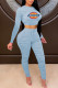 Baby Blue Fashion Sexy Print Patchwork O Neck Long Sleeve Two Pieces