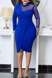 Blue Casual Zipper See-through Asymmetrical Mesh O Neck A Line Dresses