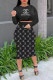 Black Fashion Casual Print Patchwork O Neck Long Sleeve Two Pieces