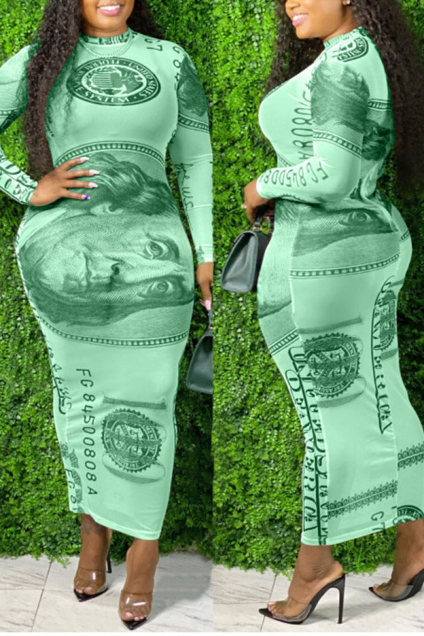 Green Sexy Print Patchwork See-through O Neck One Step Skirt Plus Size Dresses