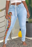 Medium Blue Street Solid Bandage Hollowed Out Patchwork Plus Size Jeans