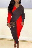 Coffee Casual Elegant Solid Patchwork Asymmetrical V Neck Long Sleeve Two Pieces
