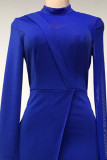 Blue Casual Zipper See-through Asymmetrical Mesh O Neck A Line Dresses