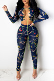 Peacock Blue Sexy Print Hollowed Out Patchwork Frenulum O Neck Long Sleeve Two Pieces