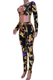 Purple Sexy Print Hollowed Out Patchwork Frenulum O Neck Long Sleeve Two Pieces