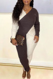 Coffee Casual Elegant Solid Patchwork Asymmetrical V Neck Long Sleeve Two Pieces