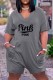 Grey Fashion Casual Letter Print Basic V Neck Loose Short Sleeve Romper