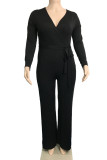 Black Sexy Solid Bandage Patchwork V Neck Plus Size Jumpsuits