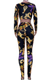 Purple Sexy Print Hollowed Out Patchwork Frenulum O Neck Long Sleeve Two Pieces