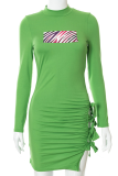 Green Sexy Print Split Joint O Neck Irregular Dress Dresses