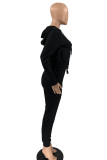 Black Casual Solid Patchwork Pocket Zipper Hooded Collar Long Sleeve Two Pieces