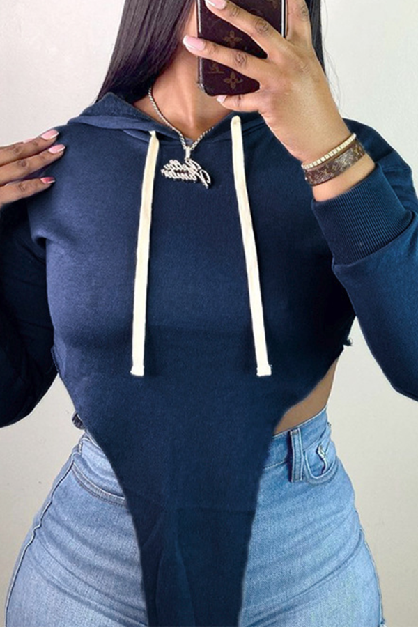 Blue Casual Solid Patchwork Hooded Collar Tops
