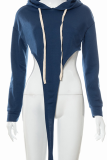 Blue Casual Solid Patchwork Hooded Collar Tops