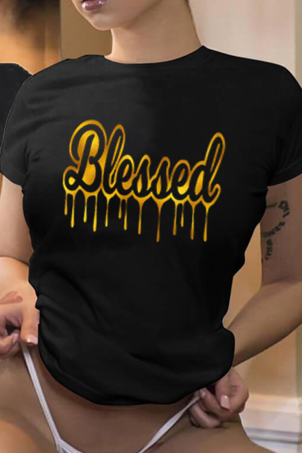 Black Casual Street Print Patchwork Letter O Neck T-Shirts