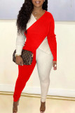 Coffee Casual Elegant Solid Patchwork Asymmetrical V Neck Long Sleeve Two Pieces