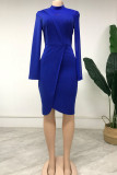 Blue Casual Zipper See-through Asymmetrical Mesh O Neck A Line Dresses