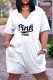 White Fashion Casual Letter Print Basic V Neck Loose Short Sleeve Romper