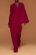 Burgundy Casual Solid Split Joint V Neck Boot Cut Jumpsuits