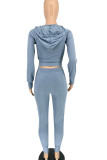 Blue Casual Solid Patchwork Draw String Fold Hooded Collar Long Sleeve Two Pieces
