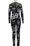 Black And White Sexy Print Mesh Half A Turtleneck Skinny Jumpsuits