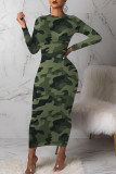 Green Sexy Print Camouflage Print Split Joint O Neck One Step Skirt Dresses