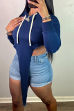 Blue Casual Solid Patchwork Hooded Collar Tops