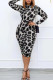 Grey Sexy Print Leopard Split Joint O Neck One Step Skirt Plus Size Dresses