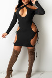 Ink Green Sexy Hollowed Out Patchwork Halter One Step Skirt Dresses