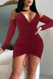 Pink Sexy Solid Patchwork Draw String Fold V Neck One Step Skirt Dresses