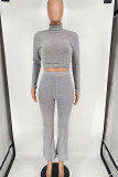Light Gray Casual Solid Bandage Patchwork Backless Turtleneck Long Sleeve Two Pieces