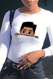 White Sweet Street Character Patchwork O Neck Tops