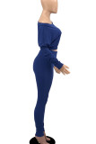 Deep Blue Sexy Solid Patchwork Off the Shoulder Long Sleeve Two Pieces