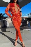 Pink Elegant Solid Hollowed Out Patchwork Frenulum Buckle Turndown Collar Long Sleeve Two Pieces