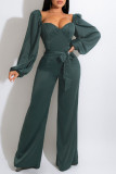Blue Casual Sweet Solid Patchwork Square Collar Straight Jumpsuits