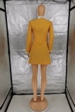 Yellow Casual Solid Patchwork Turndown Collar Cake Skirt Dresses