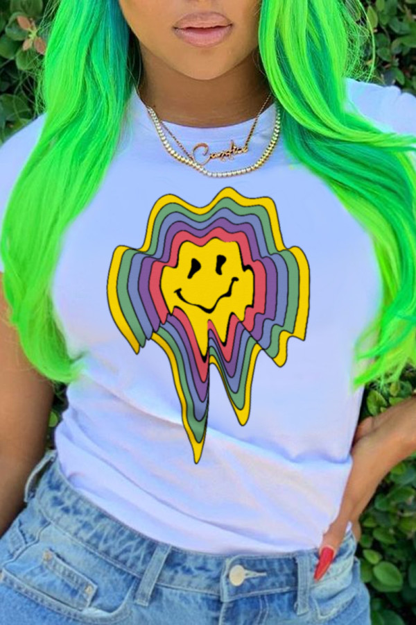 White Casual Street Print Patchwork O Neck T-Shirts