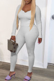 White Casual Solid Patchwork V Neck Long Sleeve Two Pieces