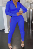 Blue Casual Solid Embroidered Patchwork Zipper Collar Long Sleeve Two Pieces