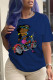 Navy Blue Casual Daily Character Patchwork O Neck T-Shirts