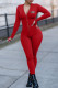 Red Fashion Street Print Patchwork Zipper Collar Jumpsuits
